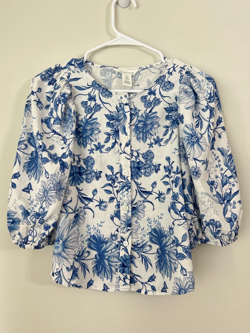H&M Womens Blouse White Blue Floral Linen Blend Puff Sleeve Button Front XS
